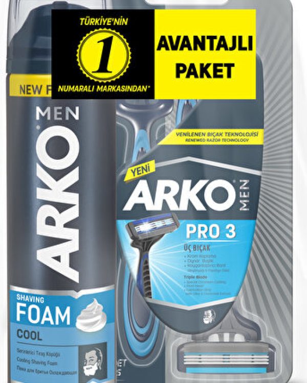 Arko Men Bakım Seti Pro3 3 Bıçak 3lü+Cool Tıraş Köp. 200ml Yeni